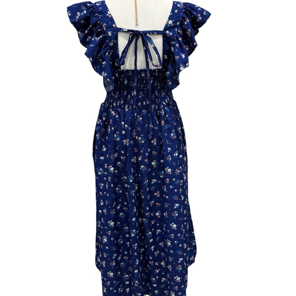Charming Blue Floral Women Dress with Ruffle Details